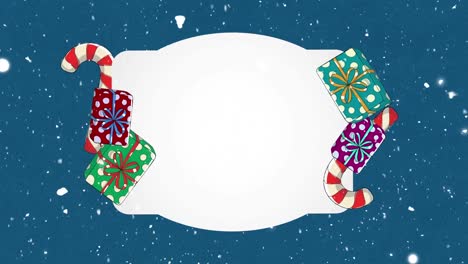 Animation-of-christmas-sign-with-copy-space,-decorations-and-snow-falling-on-blue-background