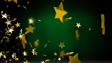 Animation-of-christmas-gold-stars-falling-on-green-background