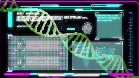 Animation-of-dna-strand-over-data-processing-on-black-background