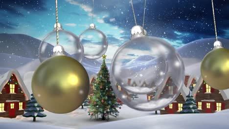 Animation-of-christmas-baubles-dangling-over-snow-falling-in-winter-scenery-background