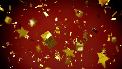Animation-Von-Goldenen-Weihnachtssternen-Und-Geschenken,-Die-Auf-Roten-Hintergrund-Fallen