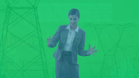 Animation-of-data-processing-and-pylons-over-caucasian-businesswoman