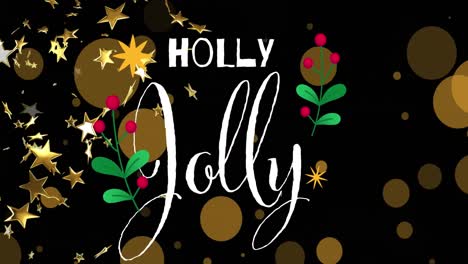Animation-of-holly-jolly-text-over-stars-and-spots