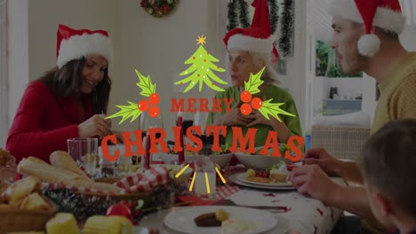Animation-of-merry-christmas-text-over-caucasian-family-wearing-santa-hats