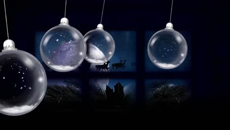 Animation-of-christmas-baubles-dangling-over-santa-claus-in-sleigh-and-full-moon-seen-through-window