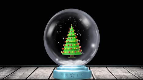 Animation-Einer-Weihnachtlichen-Schneekugel-Mit-Weihnachtsbaum-Und-Schnee,-Der-Auf-Schwarzem-Hintergrund-Fällt