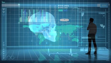 Animation-of-human-skull-spinning-and-data-processing-over-world-map-and-businessman