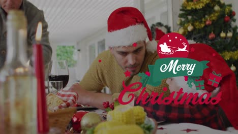 Animation-of-merry-christmas-text-over-caucasian-family-wearing-santa-hats