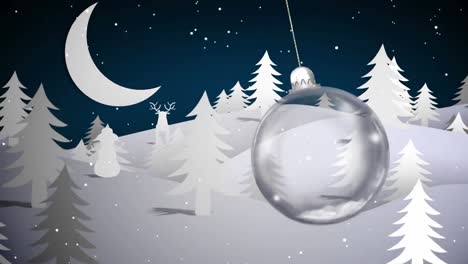 Animation-of-christmas-bauble-dangling-over-santa-claus-in-sleigh,-snow-falling-and-winter-scenery