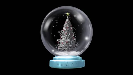 Animation-of-christmas-snow-globe-with-snow-falling-and-christmas-tree-on-black-background