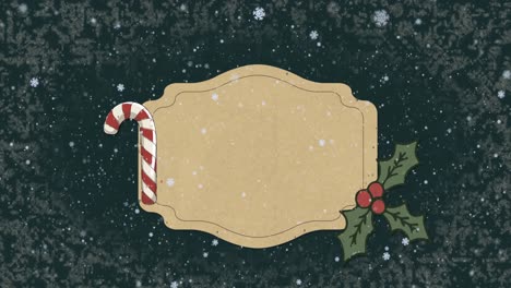 Animation-of-christmas-sign-with-copy-space,-decorations-and-snow-falling-on-green-background