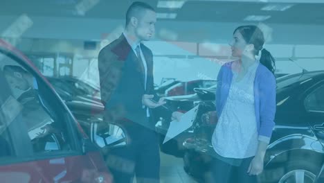 Animation-of-banknotes-over-caucasian-businessman-and-woman-at-car-dealer