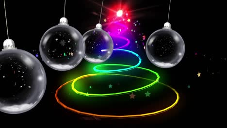 Animation-of-christmas-baubles-dangling,-snow-falling-and-neon-christmas-tree-on-black-background