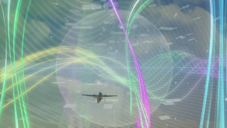 Animation-Von-Globus-Und-Lichtspuren-über-Dem-Flugzeug