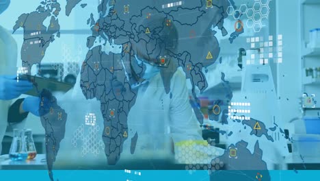 Animation-of-world-map-over-diverse-doctors-in-lab