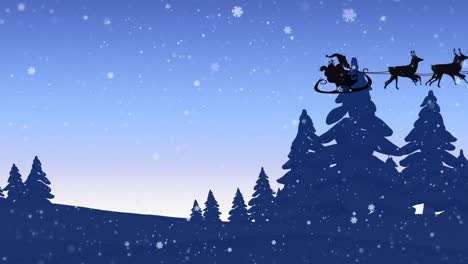 Animation-of-santa-riding-sleigh-with-reindeer-over-trees-over-mountains-against-sky-during-snowfall