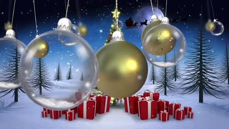 Animation-of-christmas-bauble-dangling-over-santa-claus-in-sleigh,-snow-falling-and-christmas-tree