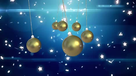 Animation-of-christmas-baubles-dangling-over-snow-falling-on-blue-background