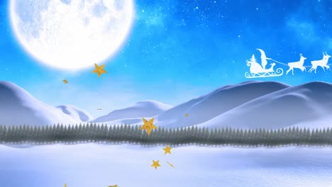 Animation-of-santa-riding-sleigh,-moving-stars,snow-covered-mountains-and-trees-against-moon
