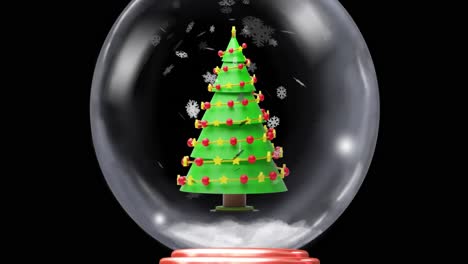 Animation-Einer-Weihnachtlichen-Schneekugel-Mit-Weihnachtsbaum-Und-Schnee,-Der-Auf-Schwarzem-Hintergrund-Fällt