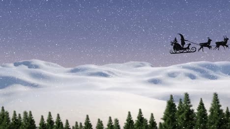 Animation-of-santa-riding-sleigh-over-snow-covered-landscape-during-snowfall