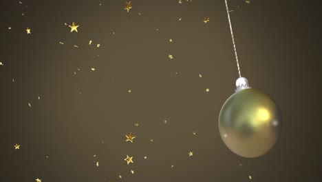Animation-of-christmas-gold-bauble-over-stars-falling-on-brown-background