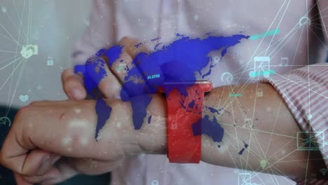 Animation-of-connected-icons,-map-over-cropped-hand-of-caucasian-businessman-using-smartwatch