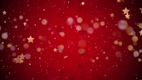 Animation-Von-Weihnachtssternen-Und-Schnee,-Der-Auf-Roten-Hintergrund-Fällt