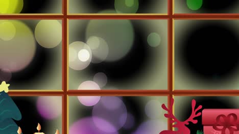 Animation-of-window-and-decorations-at-christmas-over-spots