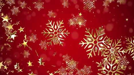 Animation-Von-Weihnachtlichen-Goldenen-Schneeflocken,-Die-Auf-Roten-Hintergrund-Fallen