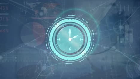 Animation-of-digital-clock-over-dots-connected-with-lines-over-infographic-interface-in-background