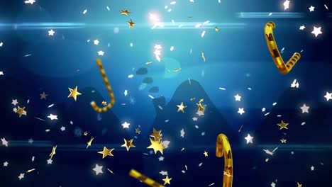 Animation-Von-Goldenen-Weihnachtssternen-Und-Zuckerstangen,-Die-Auf-Blauen-Hintergrund-Fallen