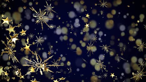 Animation-Von-Weihnachtlichen-Goldenen-Sternen-Und-Schnee,-Der-Auf-Schwarzen-Hintergrund-Fällt