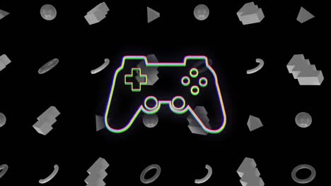 Animation-of-gamepad-icon-over-shapes-on-black-background