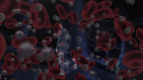 Animation-of-red-blood-cells,-infected-cells-with-neurons-over-african-american-businessman