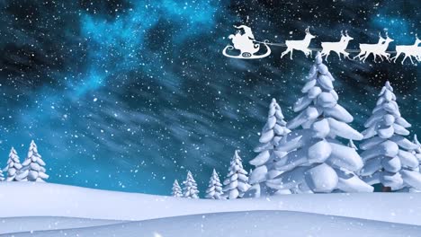 Animation-of-santa-riding-sleigh-over-snow-covered-trees-and-land-against-sky-during-snowfall