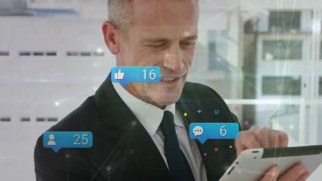 Animation-of-connected-dots,-notifications-with-numbers-over-caucasian-man-using-digital-tablet
