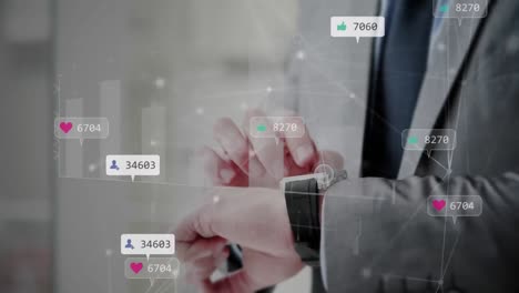 Animation-of-graph,-connected-dots,-notifications-icons-over-caucasian-businessman-using-smartwatch
