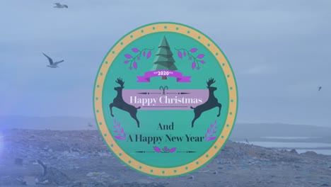 Animation-of-2020,-merry-christmas-and-happy-new-year-text,-reindeers-,trees-over-dump-yard