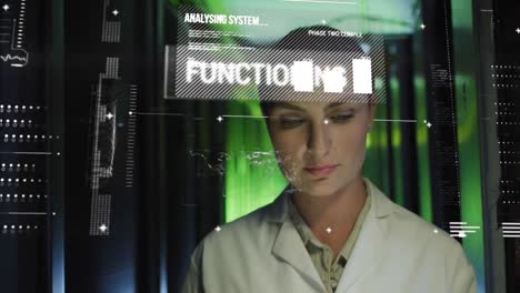 Animation-of-hud-interface-over-thoughtful-caucasian-female-engineer-using-technology-in-server-room