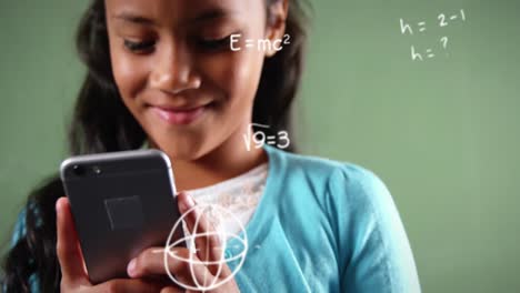 Animation-of-mathematical-equations-over-biracial-girl-using-smartphone