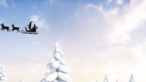 Animation-Des-Silhouetten-Weihnachtsmanns,-Der-Schlitten-über-Schneebedeckte-Bäume-Vor-Bewölktem-Himmel-Fährt