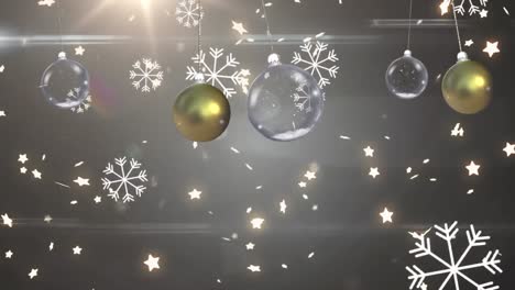 Animation-of-christmas-baubles-dangling-over-snow-falling-on-grey-background