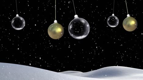 Animation-of-christmas-baubles-dangling-with-snow-falling-on-black-background