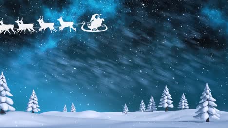 Animation-Des-Weihnachtsmanns,-Der-Bei-Schneefall-Schlitten-Mit-Rentieren-über-Schneebedeckte-Bäume-Und-Land-Fährt