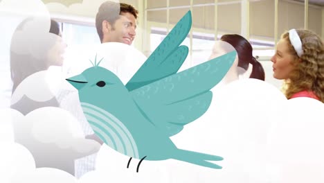 Animation-of-blue-bird-over-clouds-against-happy-multiracial-coworkers-giving-high-fives