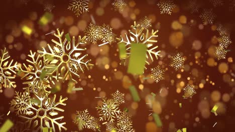 Animation-of-christmas-gold-stars-and-confetti-falling-on-brown-background