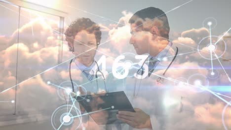 Animation-of-network-of-connections-over-diverse-doctors-and-sky-with-clouds