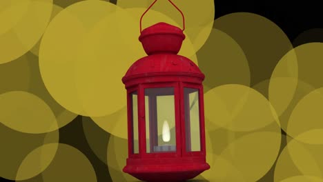 Animation-of-red-lamp-icon-hanging-over-yellow-spots-of-light-floating-against-black-background
