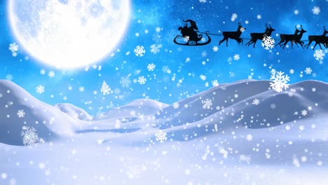 Animation-Des-Weihnachtsmanns-Beim-Schlittenfahren-Und-Schneeflocken,-Die-Auf-Berge-Vor-Dem-Mond-Am-Blauen-Himmel-Fallen